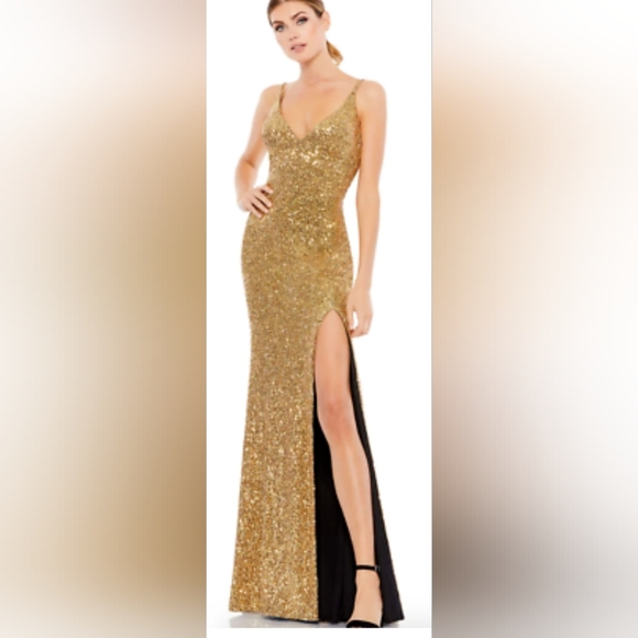 Ieena for Mac Duggal 67717i Scoop Back Sequin Dress Antique gold 8 NWT - Picture 2 of 13